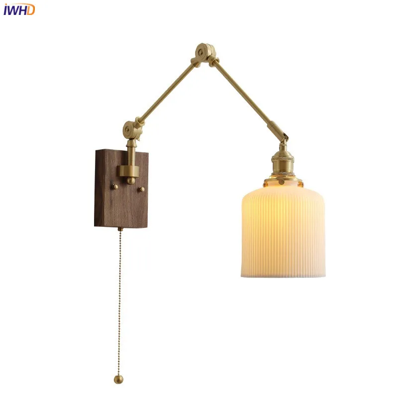 IWHD Copper Swing Long Arm LED Wall Light Fixtures Pull Chain Switch Up Down Left Right Rotate Walnut Canopy Japanese Wandlamp