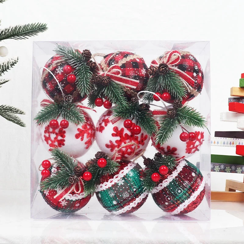 9PCS Christmas Decor 3.15Inch Christmas Check Fabric Wrapped Balls Pendants For Christmas Decor A