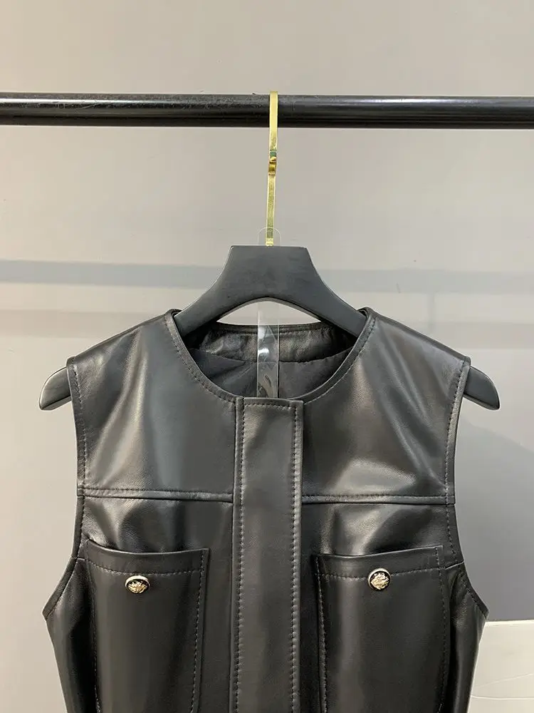British Temperament Women Vest Coat PU Leather Black Jackets Moto Biker Sleeveless V-Neck with Pockets Vest Female Casual Korean