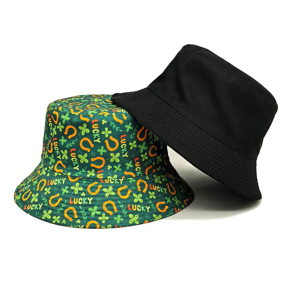 2025 عيد القديس باتريك قبعة بحافة للنساء الرجال الاستوائية طباعة مراجعة الصيف مزدوجة الجانب قبعة الشمس الورقة الخضراء بنما قبعة الشاطئ #6
