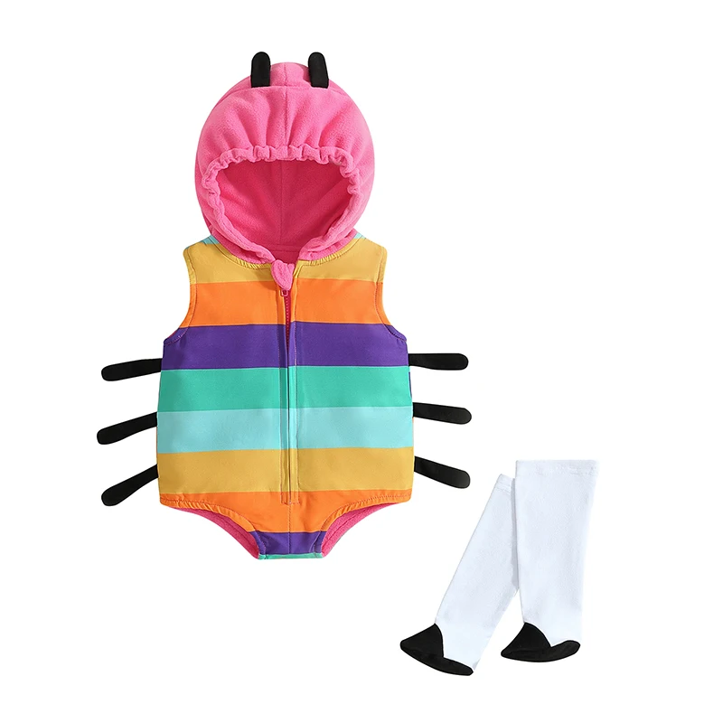 

Newborn Baby Ladybug Costume Rainbow Color Sleeveless Hood Zipper Cosplay Romper Socks for Boys Girls