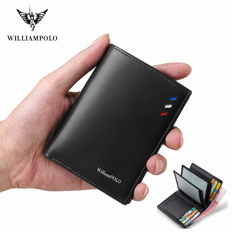 

WILLIAMPOLO Wallets Men 100% Genuine Leather Money Bag Male Black Cow Leather Walet Pocket Rfid Card Holder Wallet for Man