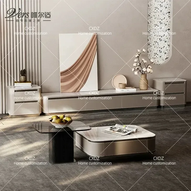 Modern Minimalist Square Coffee Table with Stainless Steel Base and Rock Slab Top for Living Room