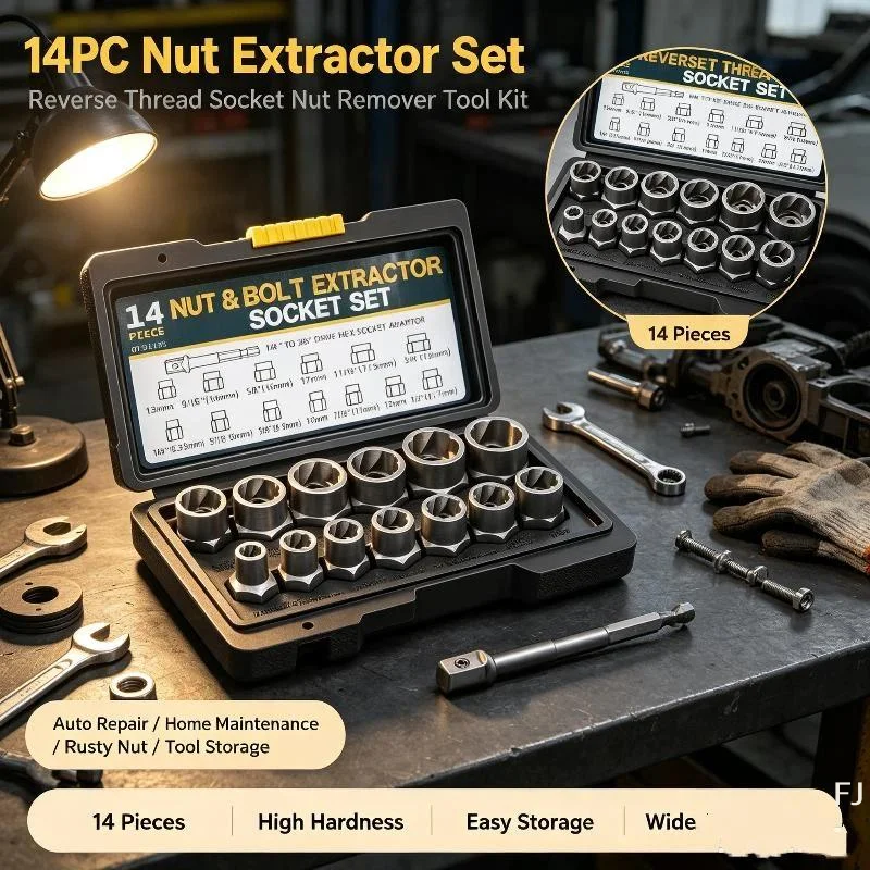 [YU]14pcs Damaged Lmpact Socket Set, Nut And Bolt Extractor & Remover-Chrome Molybdenum Steel Extractors With Storage Box