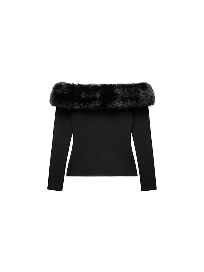 

Spring Autumn 2025 Women's Faion Sensation Slim Fit Artificial Fur Effect oulder Bared Patchwork Top Ladies Premium Quali
