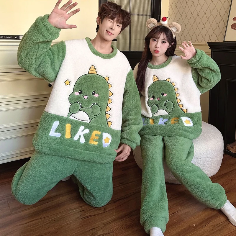 2025 Winter Couple Long Sleeve Thick Warm Flannel Pajama Sets For Men Cute Cartoon Sleepwear Pyjama Women Homewear Home Clothes