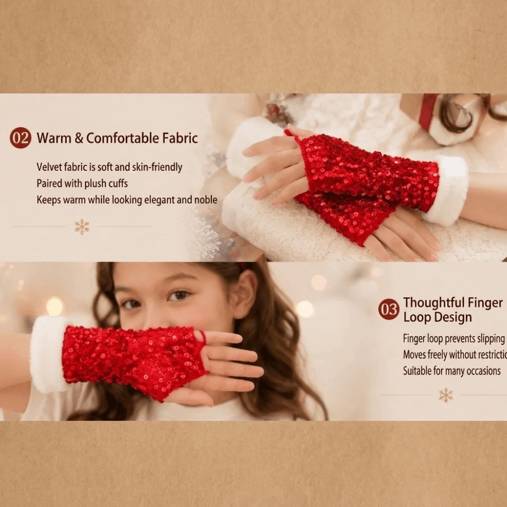 Glitter Christmas Gloves Thickened Warm decorative Hook Finger Exposed Gloves Sequin breathable Performance Gloves