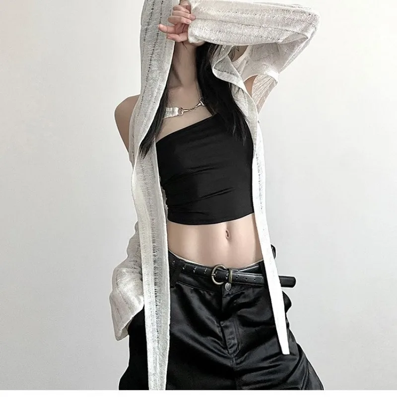 Gothic Punk Y2k Cropped Jacket Women Hooded Tops High Street Long Sleeve Hollow Out Hooded Hoodie Design All-match Short Tops