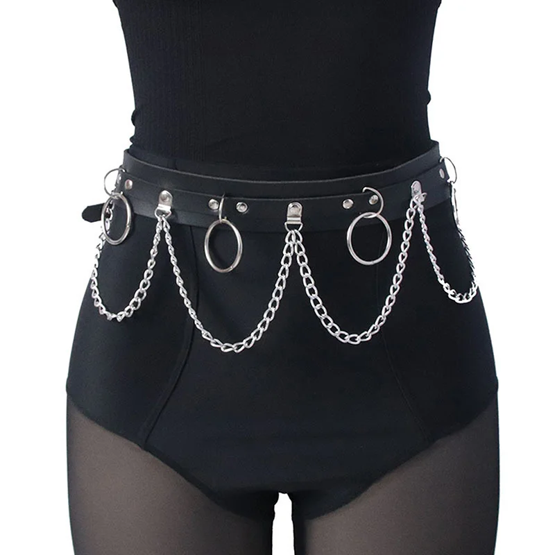 Women Skirt Belt Female Pu Leather Hip Hop Rock Nightclub Sexy Jeans Dress Round Punk Belt with Metal Waist Chain