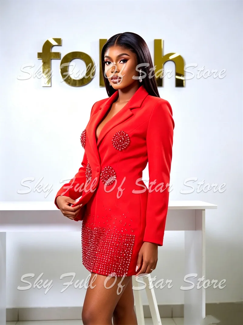 Red Women Suit 1 Pcs Blazer Mini Dress Crystal Rhinestone Decor Lapel Custom Formal Evening Birthday Wedding Guest Lady Outfit
