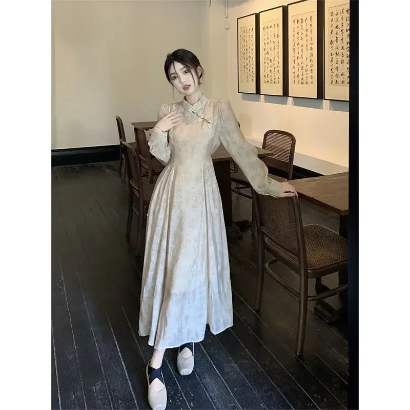 Qipao Chinese‘ Dress’ Cheongsam Buckle Long Sleeved Dress Women's Clothing Summer 2023 Retro Slimming Mid Length Dress Bodycon