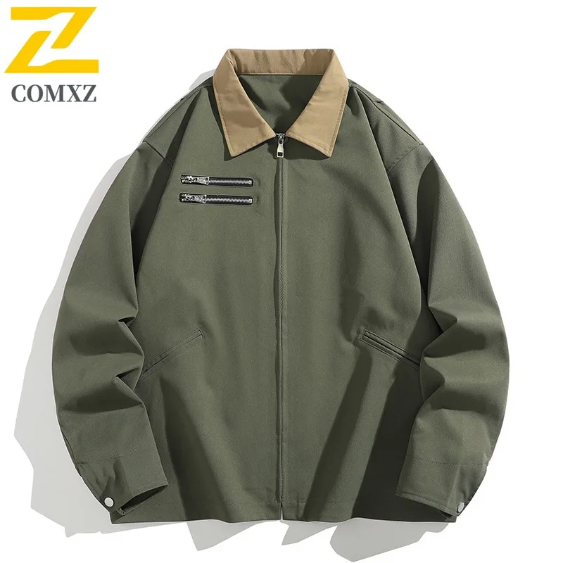 COMXZ 2025 Mens Japanese Vintage Workwear Jacket Zip Detail Casual Coat