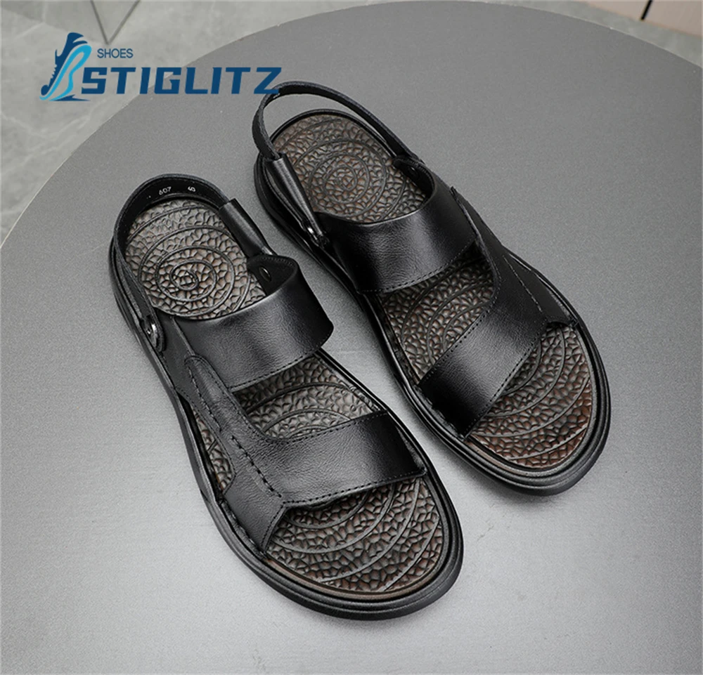 Men's Summer Beach Non-Slip Sandals Genuine Leather Oxford Soft Sole Moccasins Sandals Slippers Two Ways To Wear Casual Flats