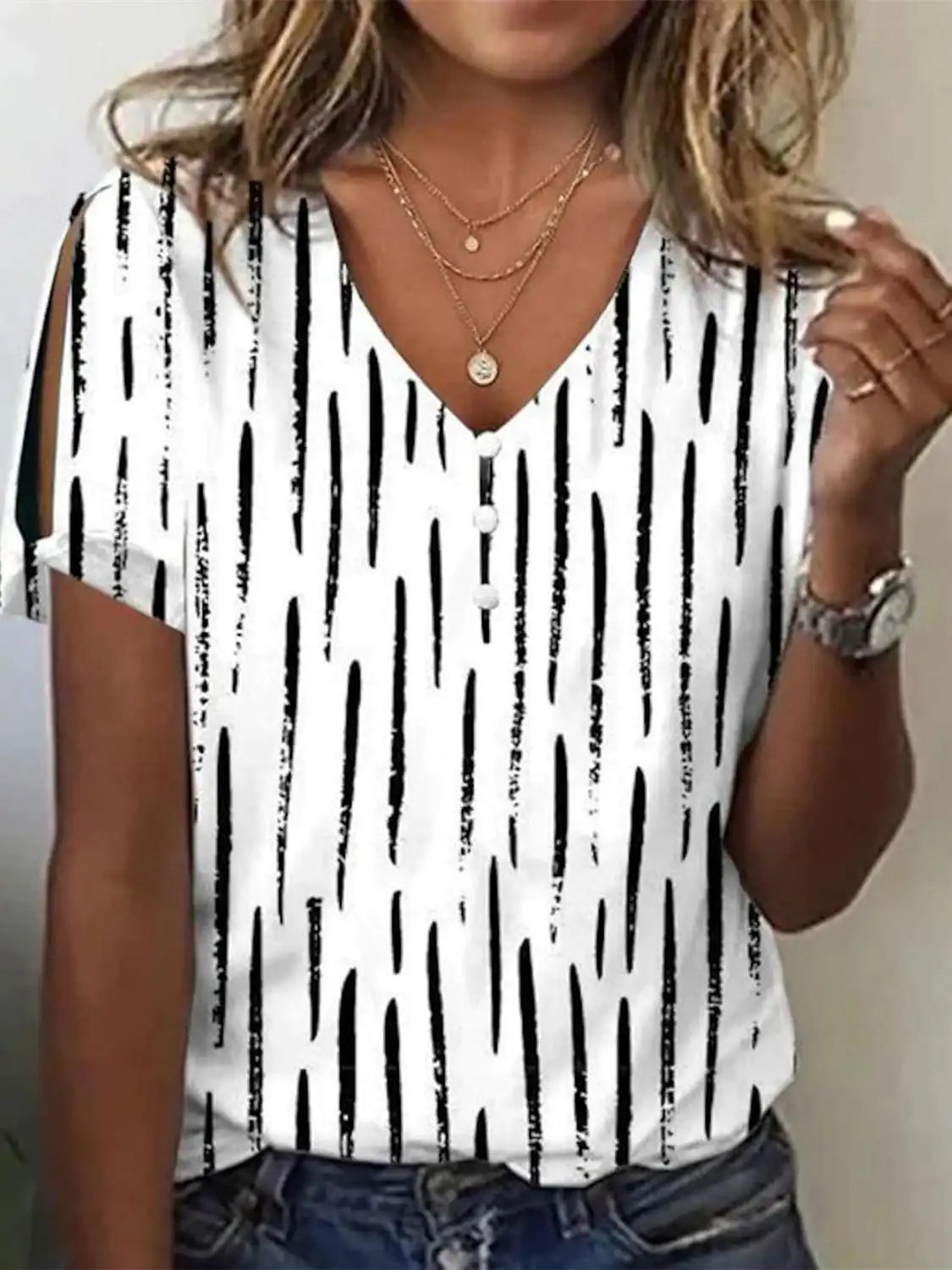 Top de manga corta con cuello en V para mujer, estampado gráfico, talla grande