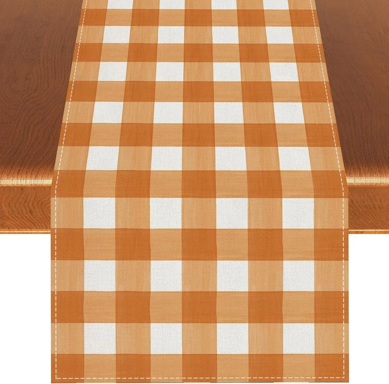 Fall Thanksgiving Orange White Buffalo Plaid Linen Table Runners Dresser Scarf Autumn Holiday Kitchen Party Wedding Table Decor