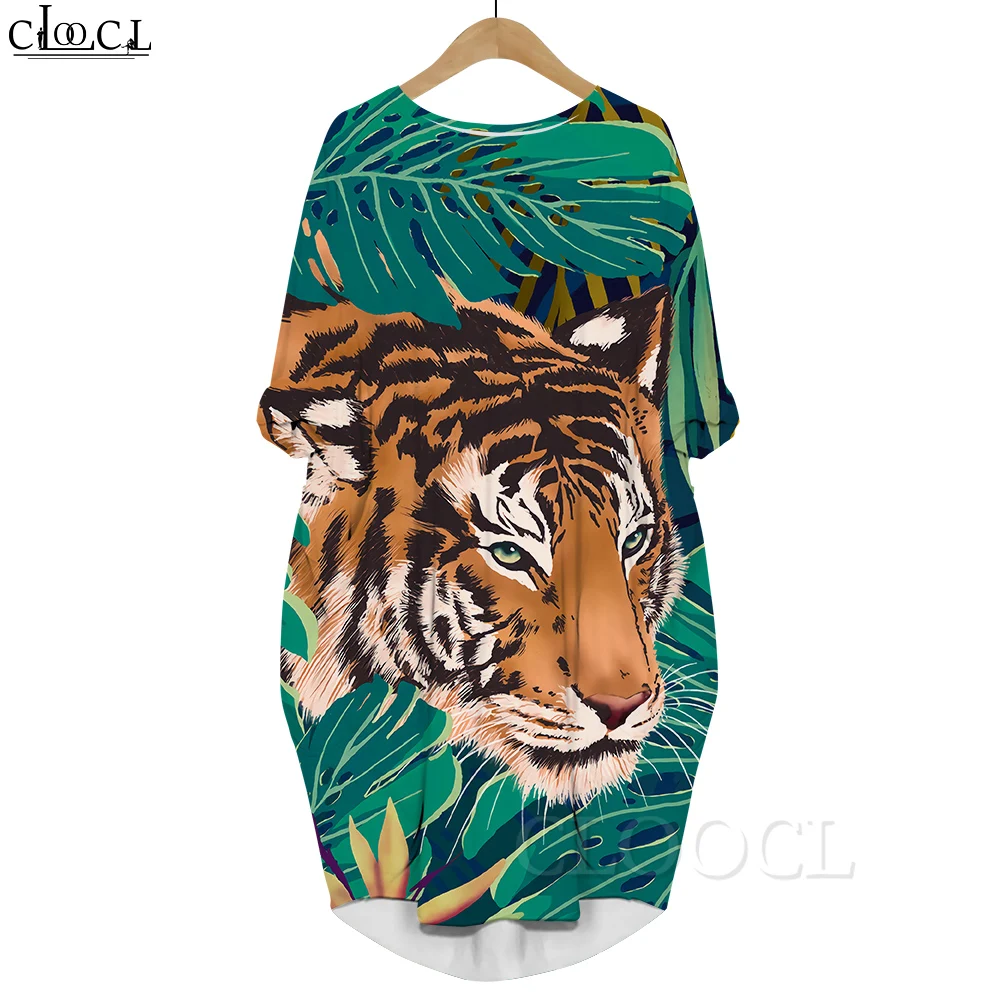 

CLOOCL Women Summer Dress Jungle Tiger Pattern 3D Printed Long Sleeve Knee-length Pocket Dress Female Loose Waist Dresses