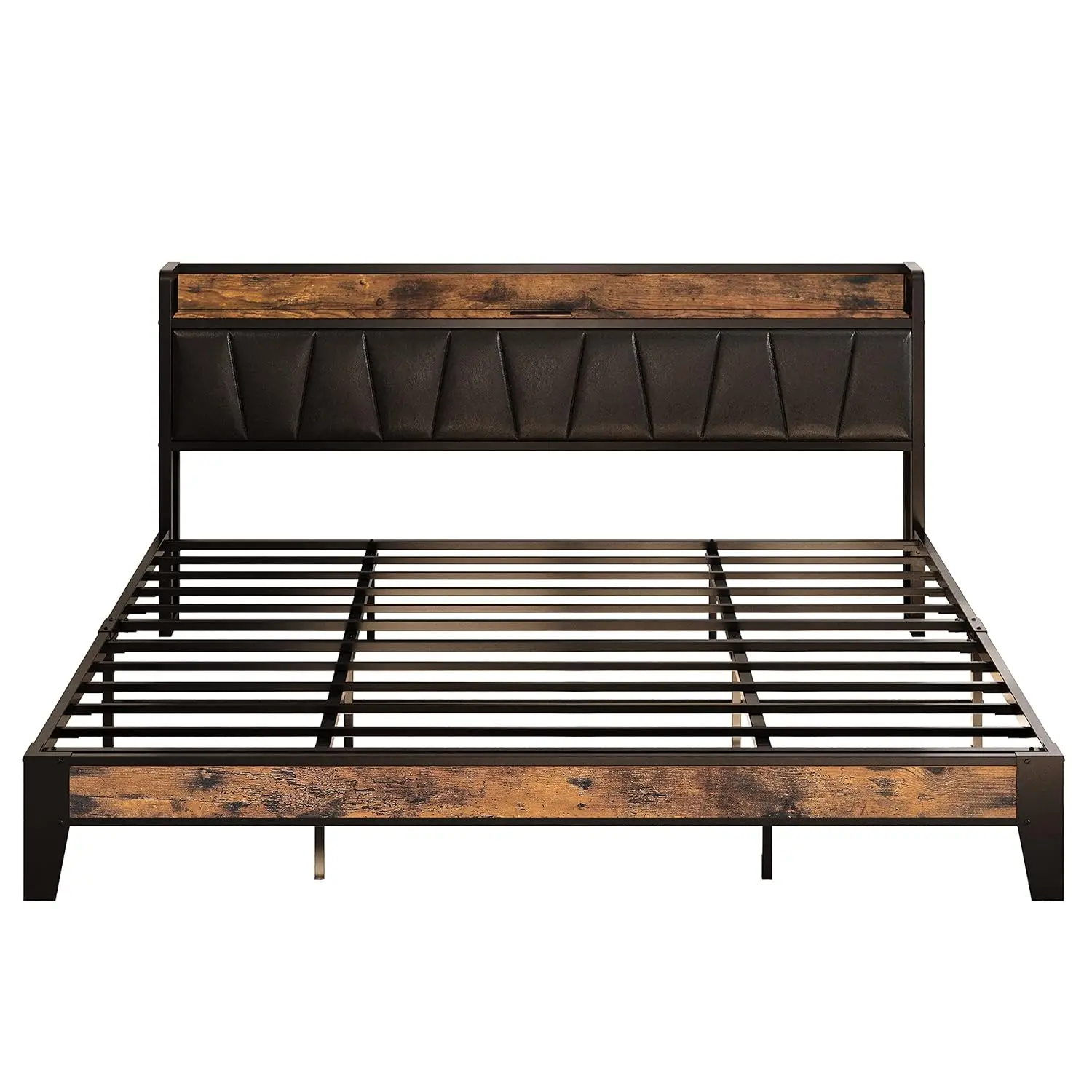 #Storage Headboard King Bed Frame with Charging Station Noise Free Easy Assembly Vintage Black Customized