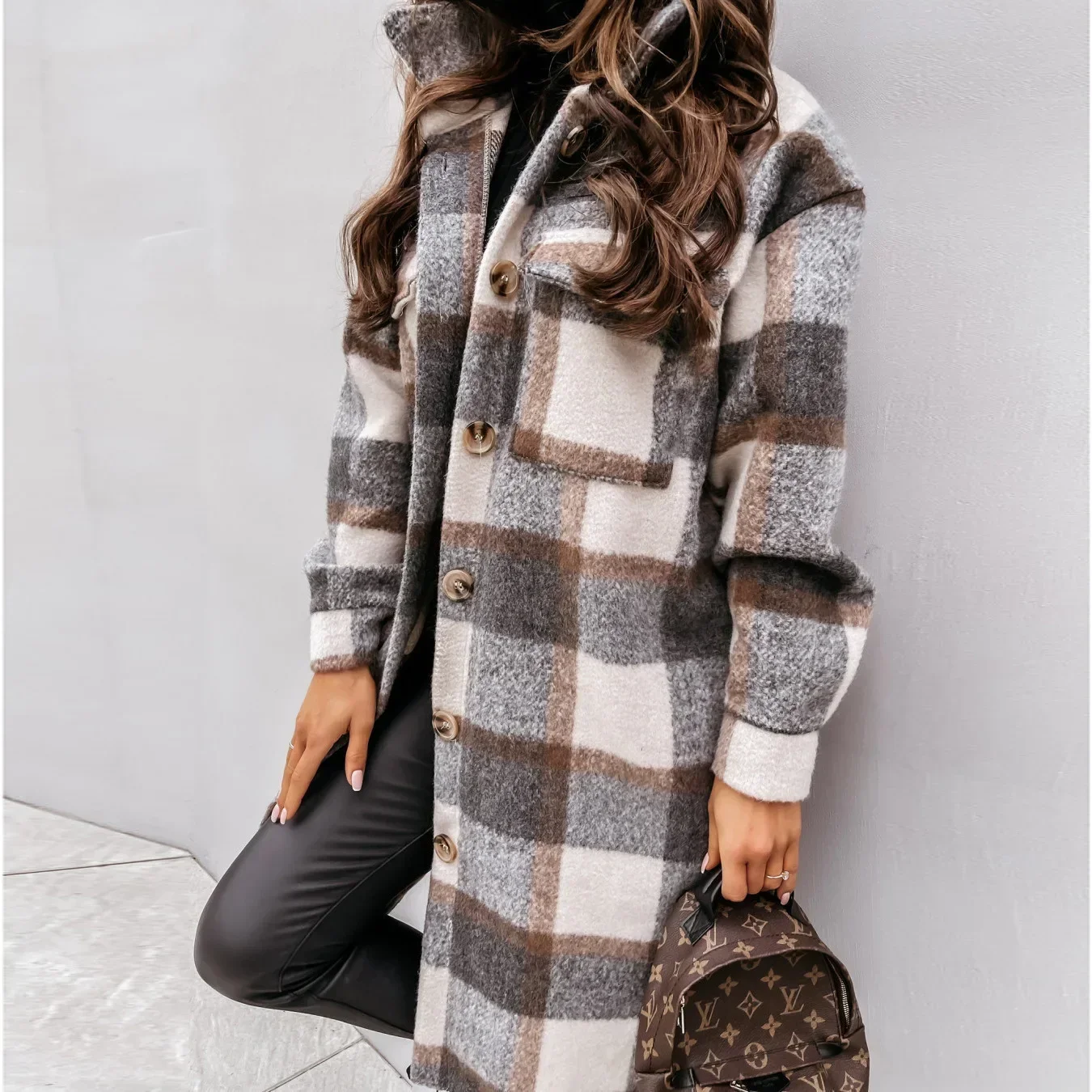 Single Breasted Trench Coat Fashion Long Autumn Winter Women\'s Clothing Long Sleeve Woolen Plaid Overcoat Coat