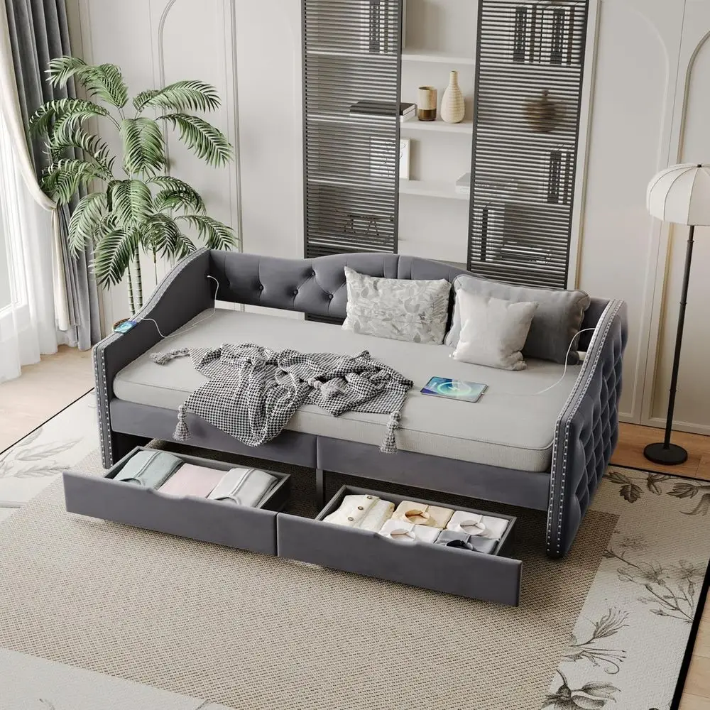 

Twin Size Upholstered Daybed with Drawers and USB Ports, Wood Slat Support, Suitable for Kids, Teens, and Adults, No Box Spring