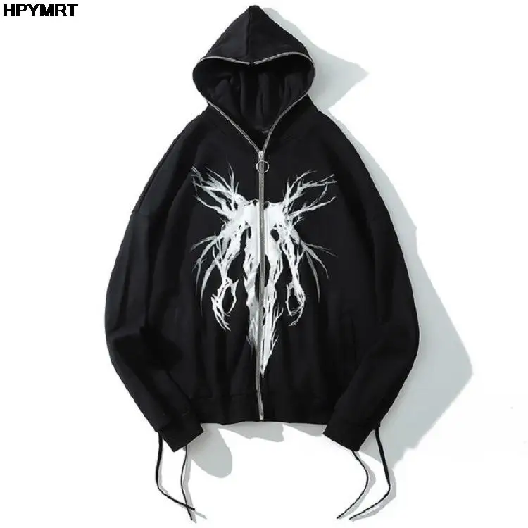 Men Punk Pattern Printed Zipper Ribbon Hooded Sweatshirt Jacket Hip Hop Casual Oversized Hoodies Coat Streetwear Autumn Couples