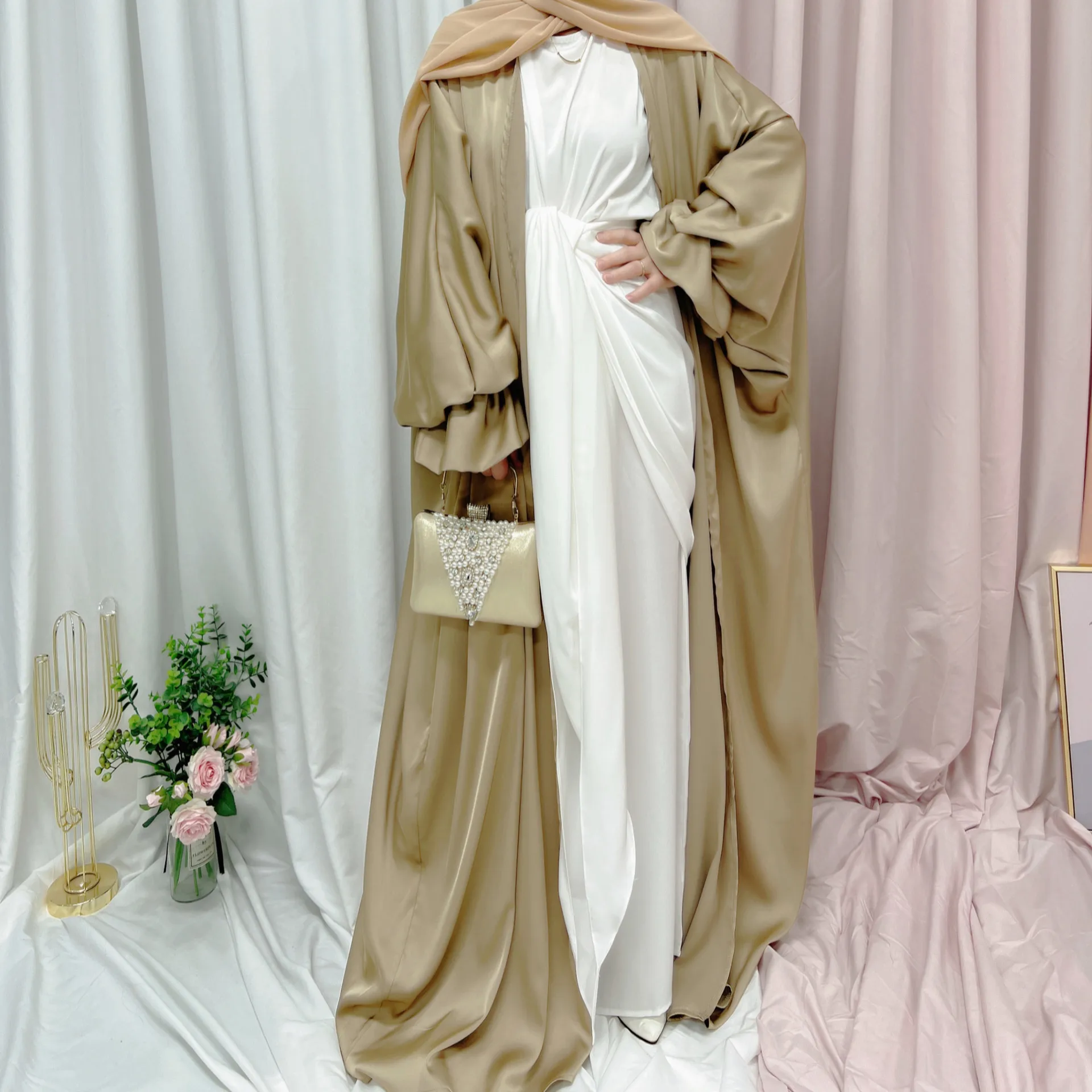 Muslim Elegant Puff Sleeve Long Dress Women's Prayer Garment Dubai 2024 Luxury Kaftan Kebaya Turkey Party Ramadan Abaya Beige