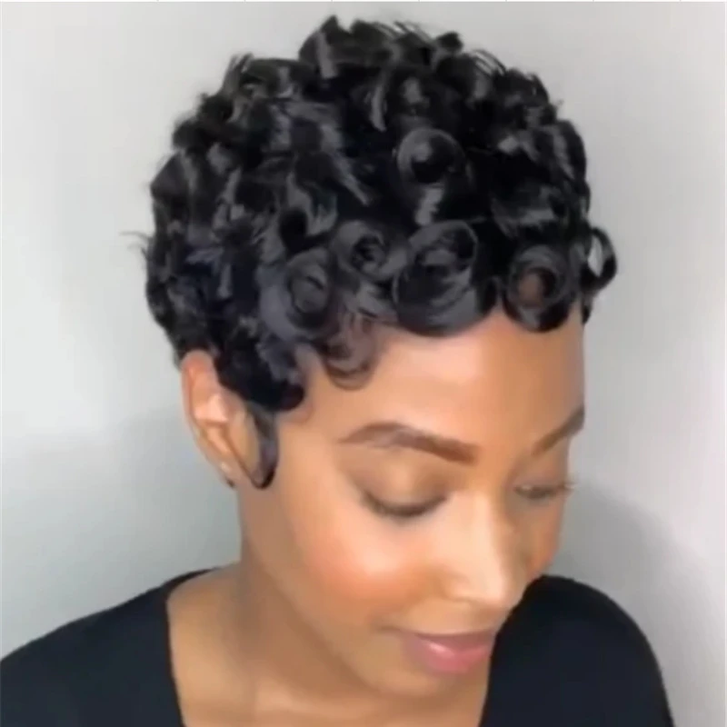 Fashion Short High Temperature Silk Synthetic Hair Pixie Cut Wigs for Women Glueless Brazilian Short Black Little Curly Wigs