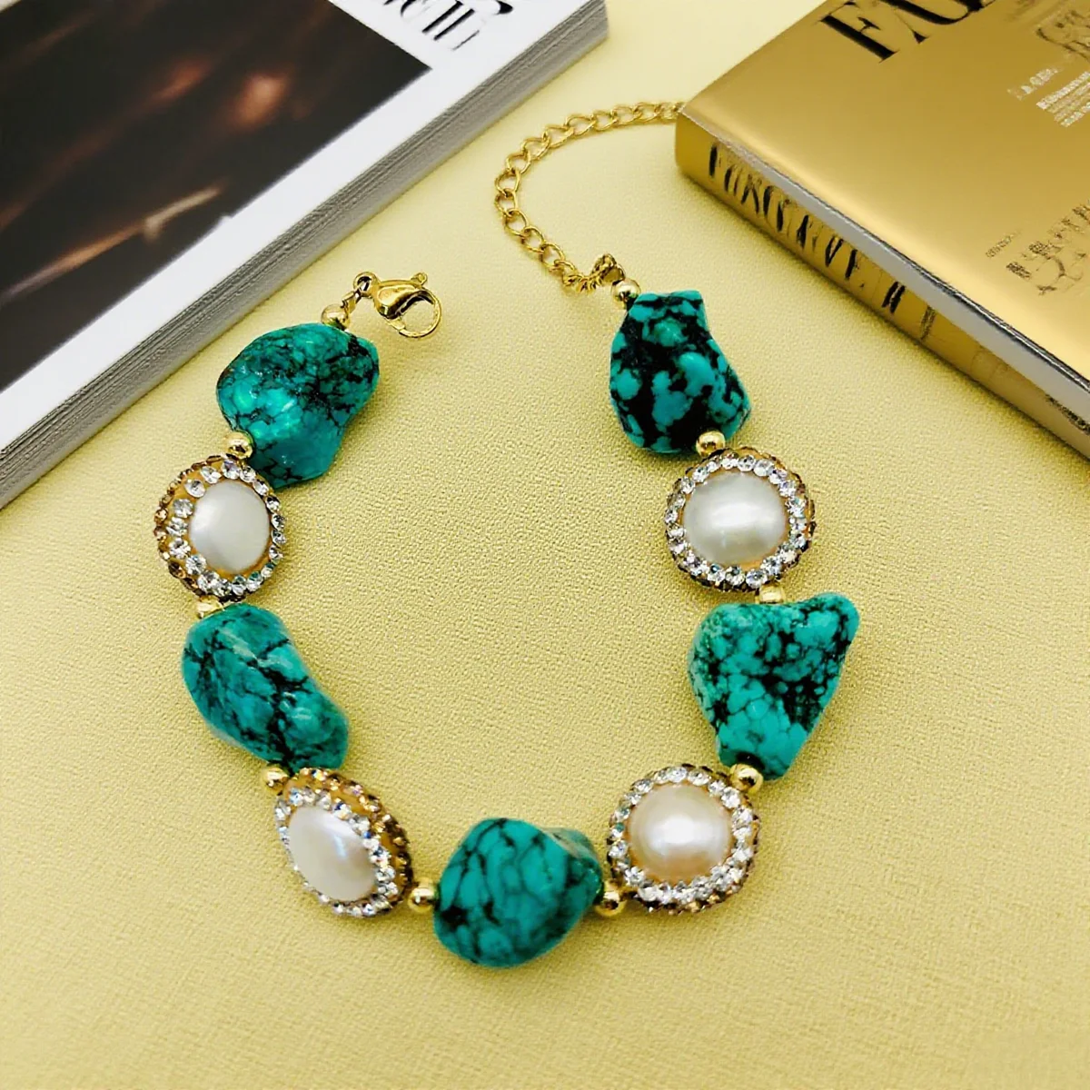 

Natural Freshwater Pearl Turquoise Crystal Jewelry Sets for Women Green Crystal Baroque Ireegular Pearls Necklace Bracelet Sets