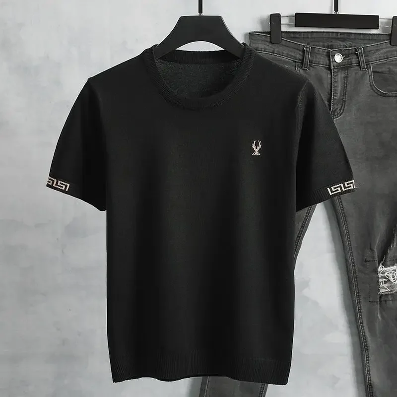 

Luxury Summer Men's Clothing Embroidery Knitted Sweater O-neck Short Sleeve Tops Business Casual Brand Pullover Knitwear Trendy