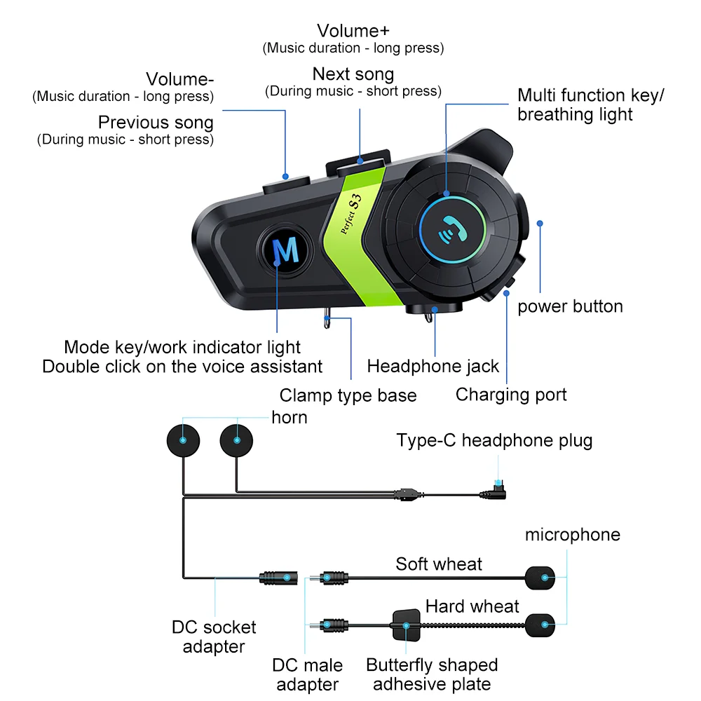 Motorhelm Headset Stereo Bluetooth Handen Ipx7 Waterdichte 2800Mah Met Tri-Color Omgevingslicht