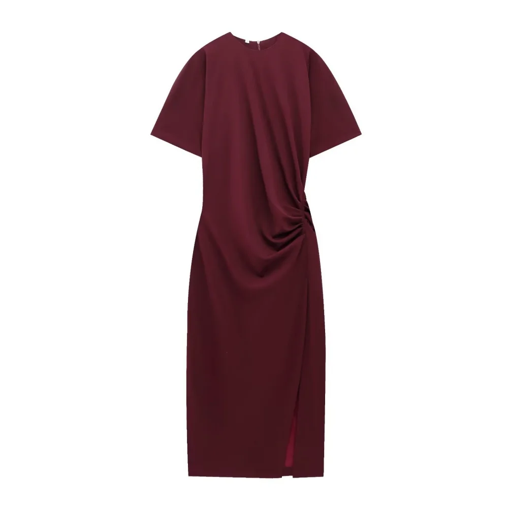 Plissado cor sólida fino ajuste midi vestido em torno do pescoço manga curta fenda zíper verão nova moda feminina vestido longo