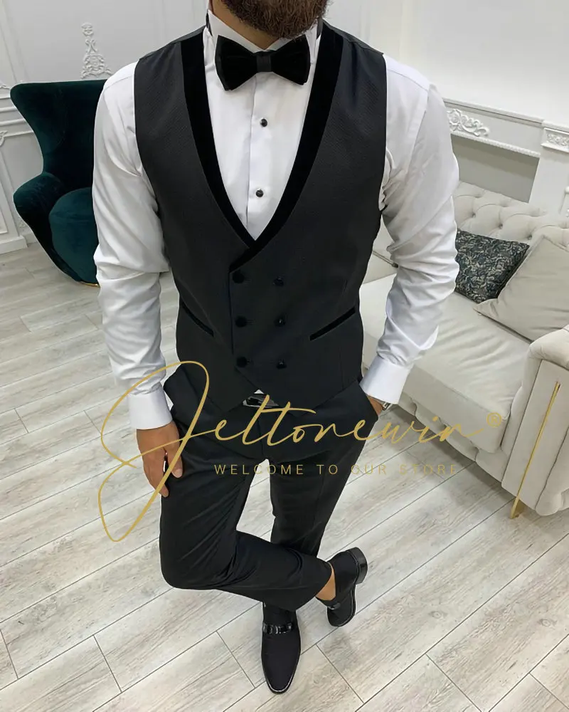 Costume de mariage 3 pièces coupe cintrée noir pour hommes |   Tuxedo formel du marié |   Design classique de haute qualité pour mariages et banquets 2025