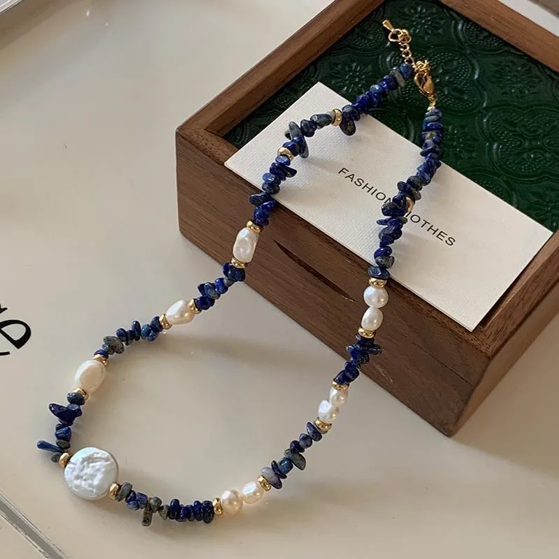 18K Echtgold Kupferkette Exquisite Unregelmäßige Naturstein Lapis Lazuli Süßwasserperlen Perlenkette für Damen