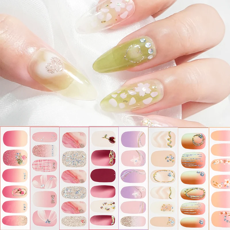 Pegatinas de uñas de Gel DIY, 12 puntas, tiras de uñas de larga duración, parche deslizante, pegatina de cubierta completa, calcomanía de manicura