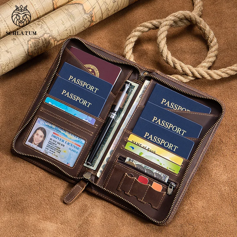 Crazy Horse Genuine Leather Travel Passport Holder with Multiple Card Slots Retro Men's Leather Document Clutch