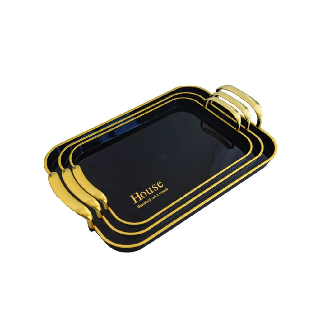 3PCS Light Luxury Plastic Tea Tray Set Rectangular Thickened Afternoon Tea Tray Stackable Golden Handle Dessert Tray Fruit