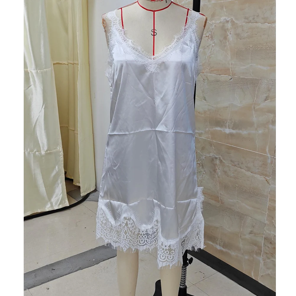 Women Summer Chic Sexy Satin Lace Trim Tanks Mini Dress y2k Aesthetic Sleeveless Backless V-neck Club Party Beach Dresses