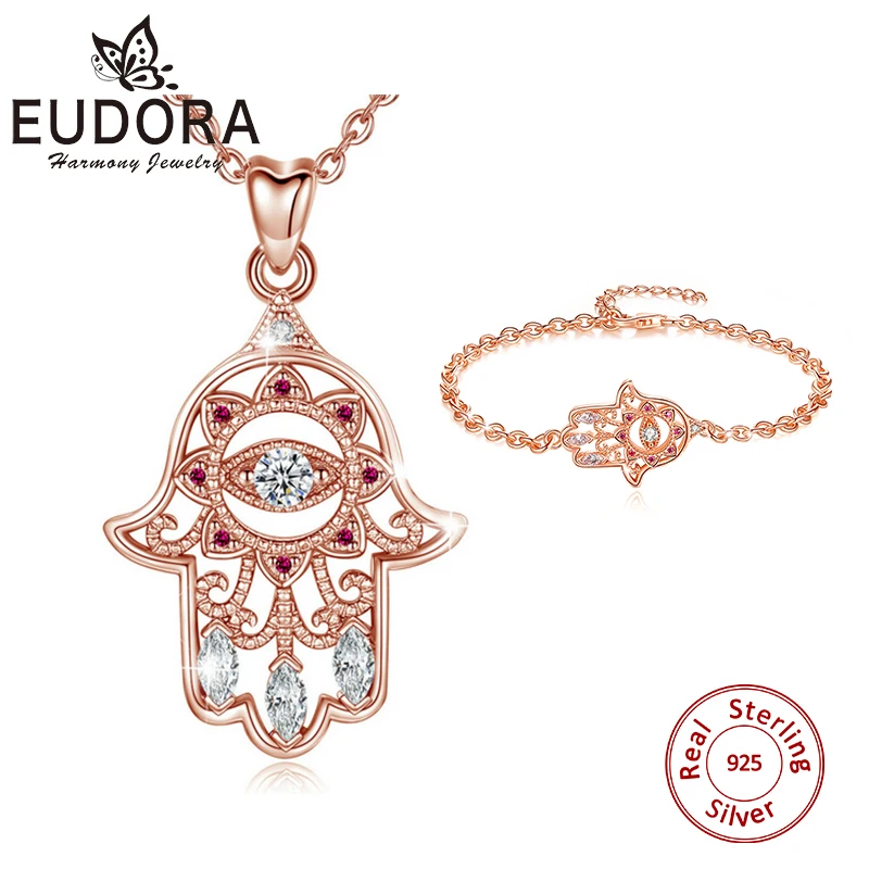 EUDORA 925 Sterling Silver Rose Gold Color Evil Eye Hamsa Hand Bracelet & Necklace Fine Devil's Eye Jewelry Set for Women Gift