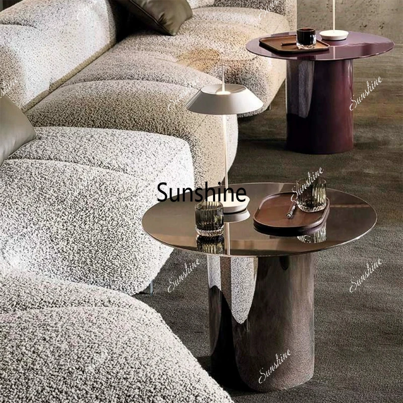 

Italian minimalist sofa, high-end stainless steel round coffee table design in the living room