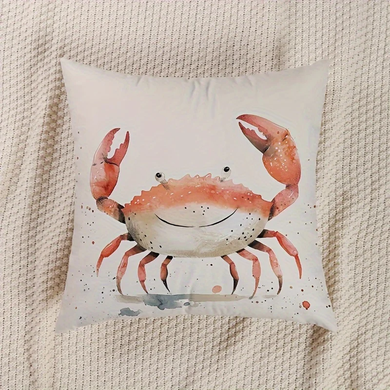 1pc Fashion Watercolor Crab Pillow Cover, Marine Animal Theme Square Cushion Case, Ideal for Home & Office Decor