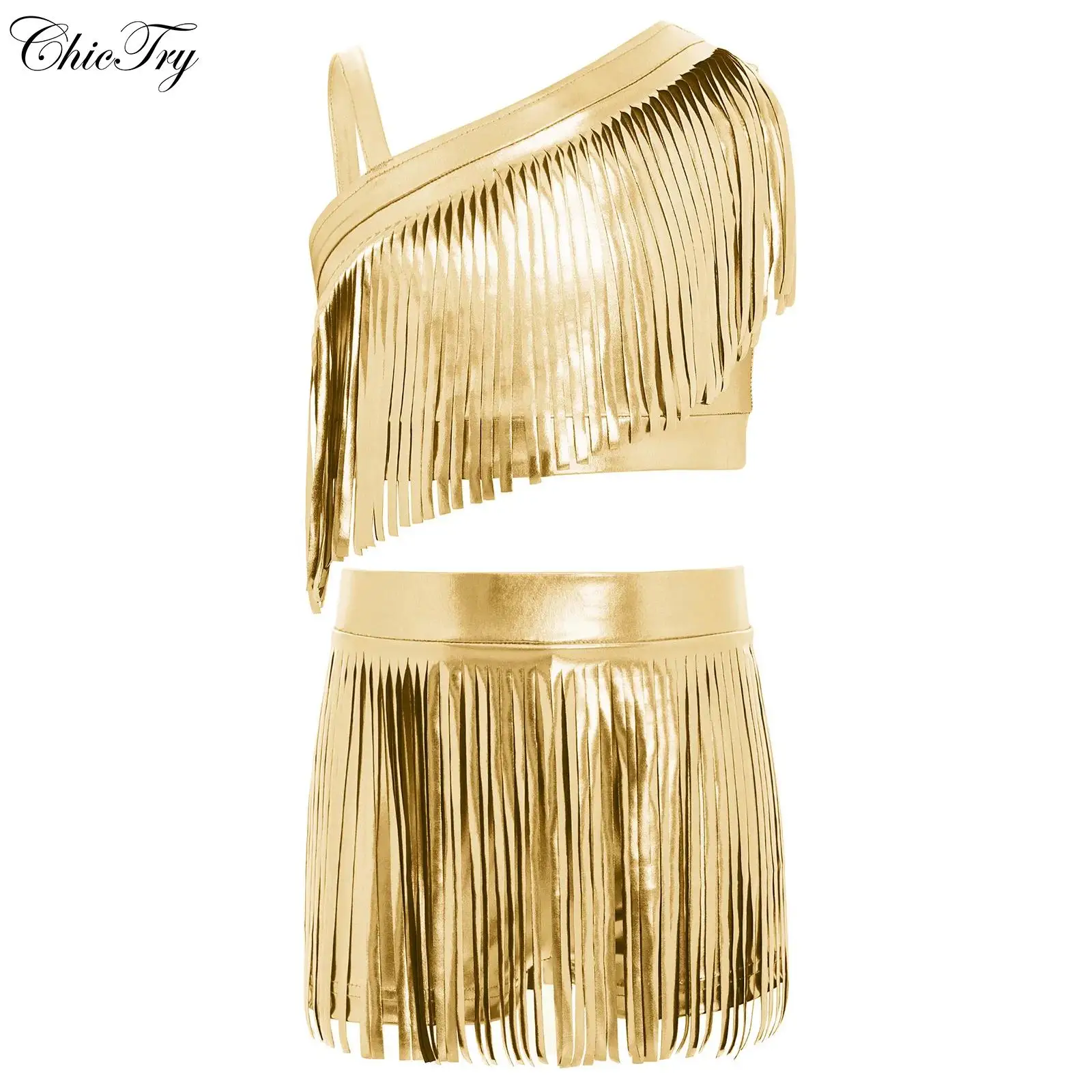 Costume de danse jazz pour filles, haut court asymétrique à franges métalliques avec short pour fête à thème, performance sur scène