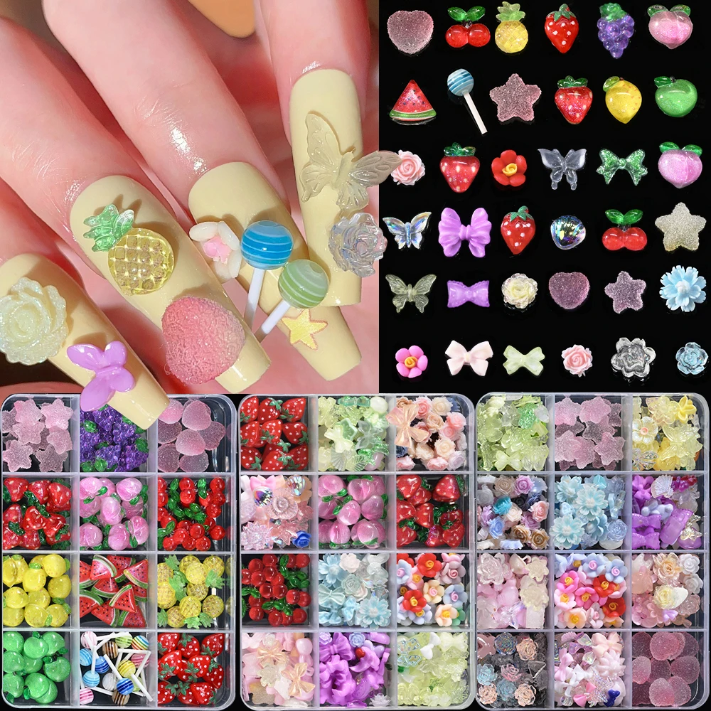 Strass pour ongles en forme de Fruits, 12 grilles, résine 3D, fraise, cerise, raisin, pastèque, breloque, Fruits Kawaii, fournitures pour Nail Art