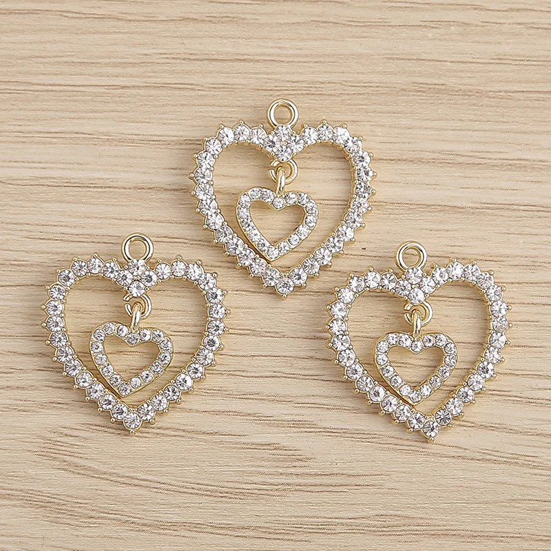 4pcs 20x25mm Cute Crystal Double Hollow Love Heart Charms Pendants for Making DIY Earrings Necklace Bracelets Jewelry Findings