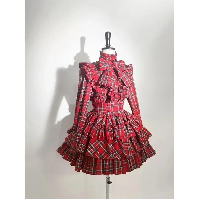 Women Christmas New Year 3 Piece Outfit Solid Coat + Plaid Shirt + Ruffled Tiered Plaid Suspender Skirt Set Holiday Sweet Party