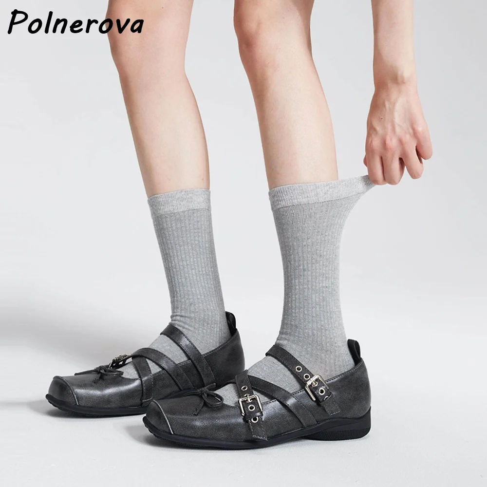 Balletcore Mary Jane Flats Pumps Square Toe Cross Buckle Strap Shoes with Bow Detail Vintage Washed Leather Style Casual Shoes