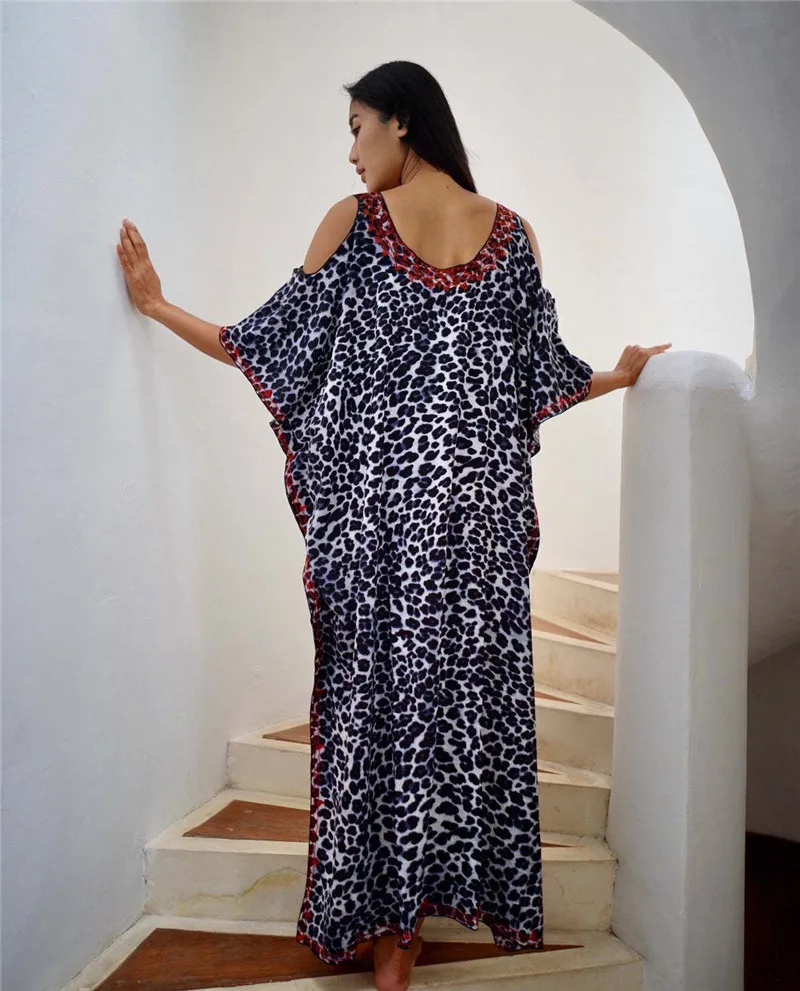 New Women Leopard Bikini Cover Up Long Kaftan Drop Shoulder Maxi Dress Women Summer Beach Wear Swim Suit Cover Ups