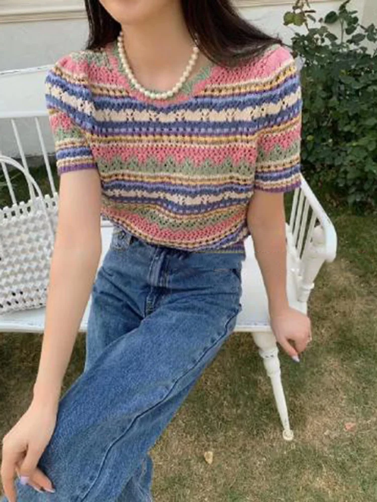 Summer T-shirts Women Knitted Literary Classic Colorful Striped Sweet Cozy Hollow Out Leisure Short-sleeve O-neck Harajuku Y2k