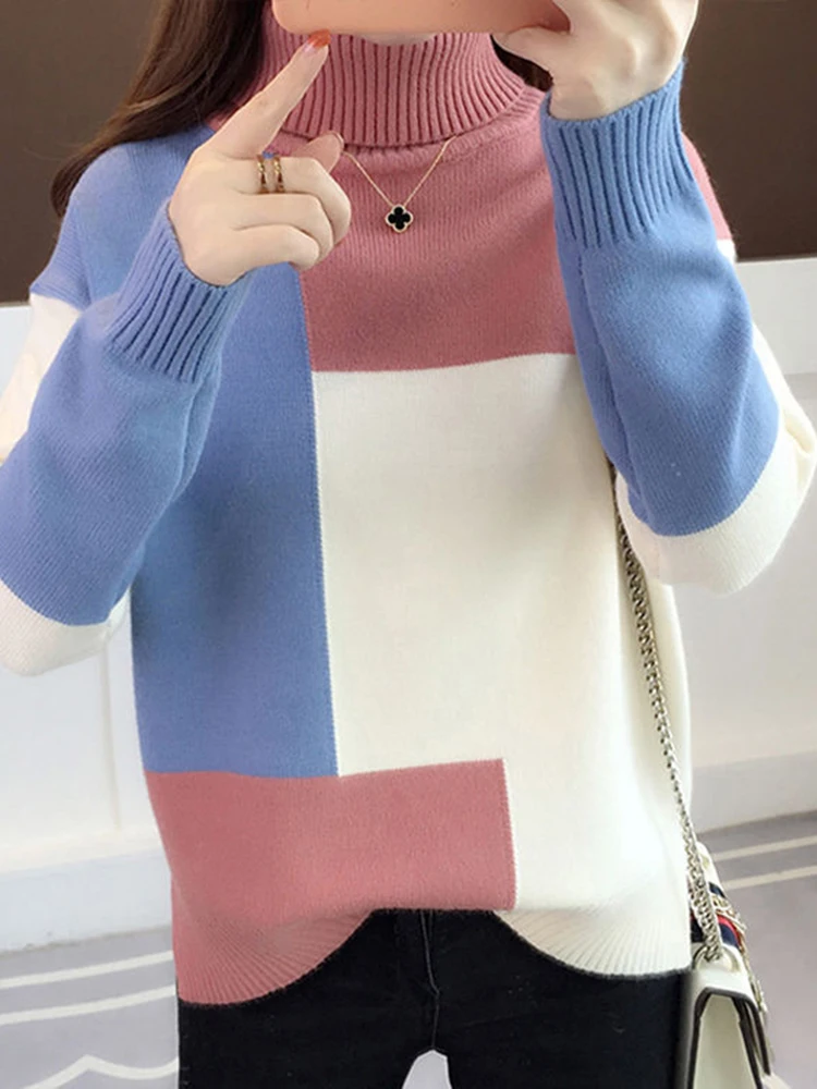 JMPRS Patchwork Women Pullover Sweater Autumn Loose O Neck Long Sleeve Knitted Thick Korean Fashion Female Jumper Sweater Top