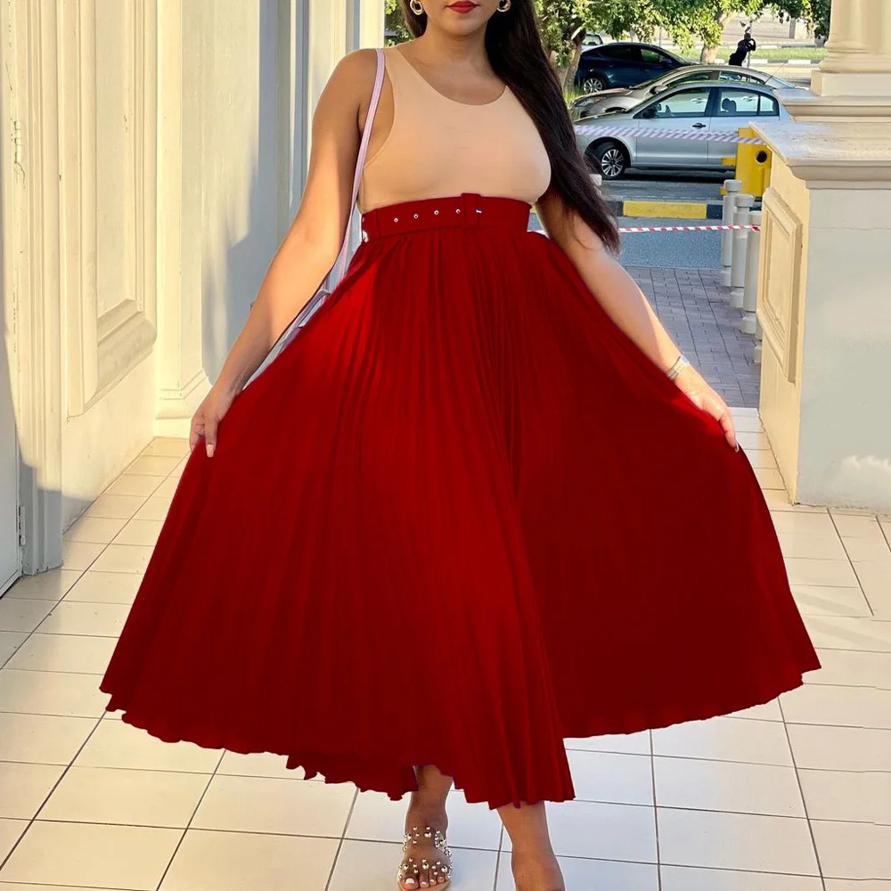 

Elegant Pleated Skirts High Waisted Women 2023 Solid With Belt Ankle Length Fashion Office Ladies Business Work Wear Skirts New