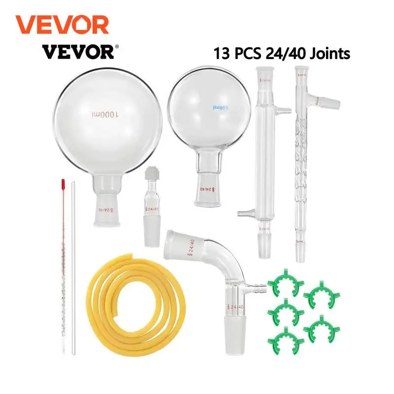 VEVOR 13/29/32 PCS Laboratory Glassware Chemistry Kit Distiller 24/40 Joints Flask Mortar and Pestle School Supplies Equipment