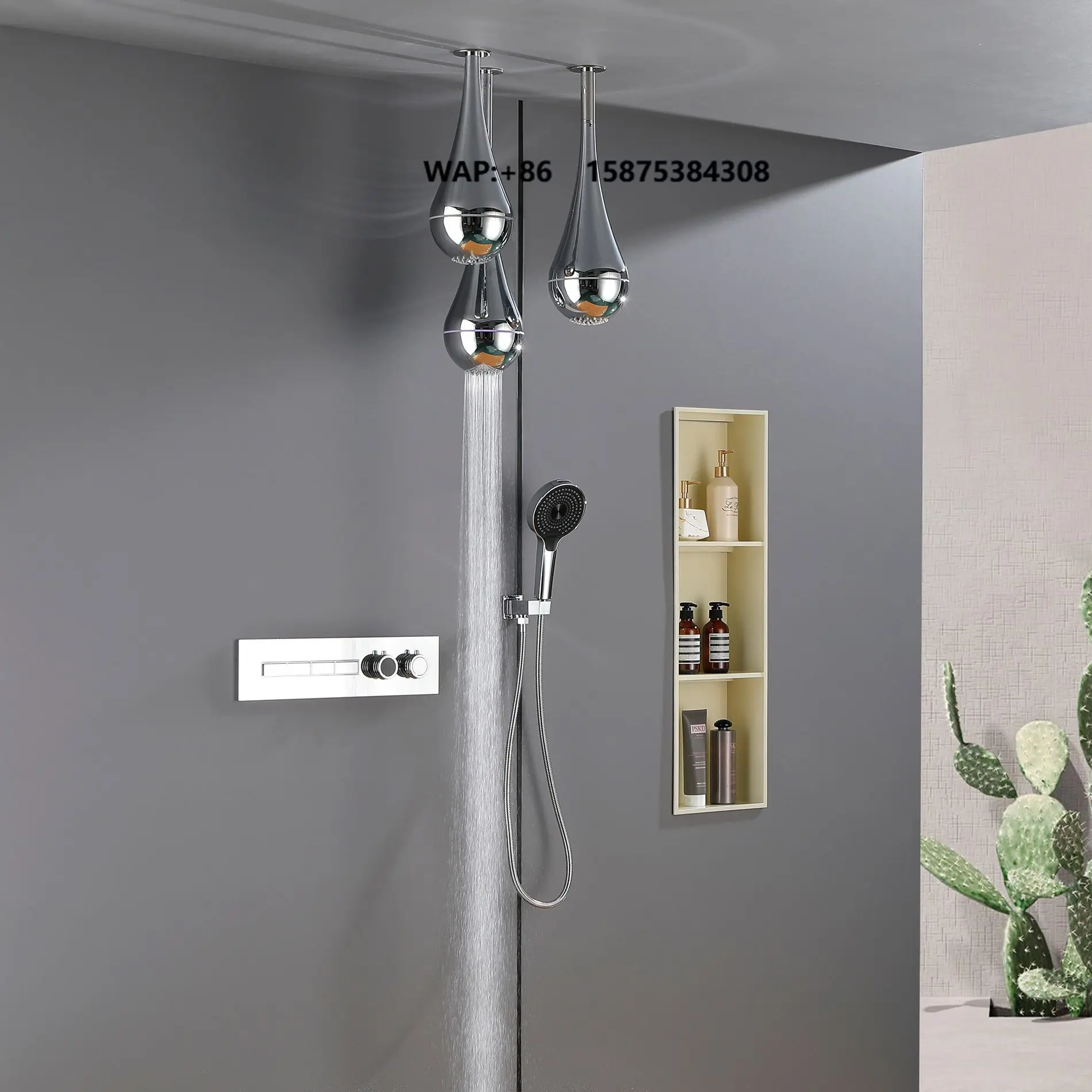 Brushed Gunmetal Gray Concealed Waterdrop Ceiling Showerhead Hot & Cold All-Brass Hidden Recessed Showerhead